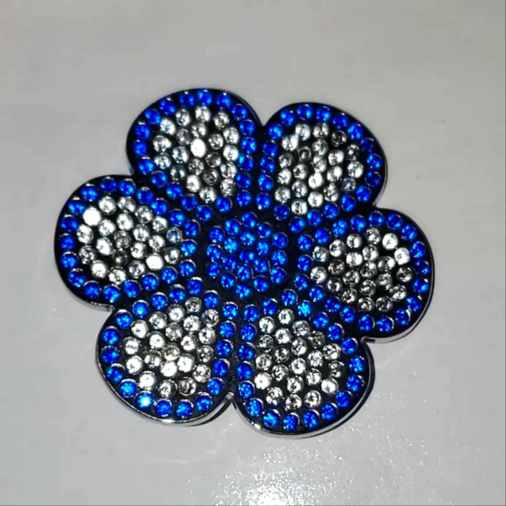 Bright Blue & Clear Crystal Rhinestone Big Hippie Flower Brooch